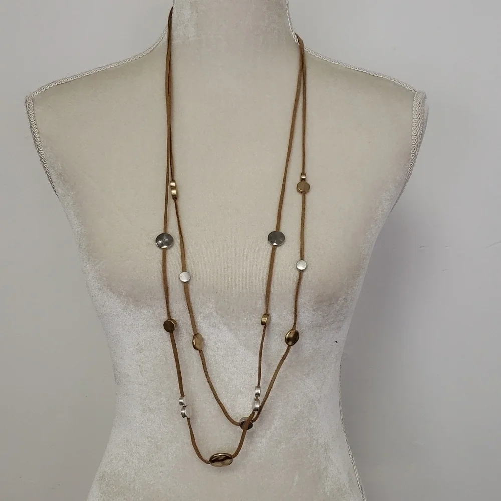 DOUBLE Necklace Leather & Hammered Medallions Gold & Silver